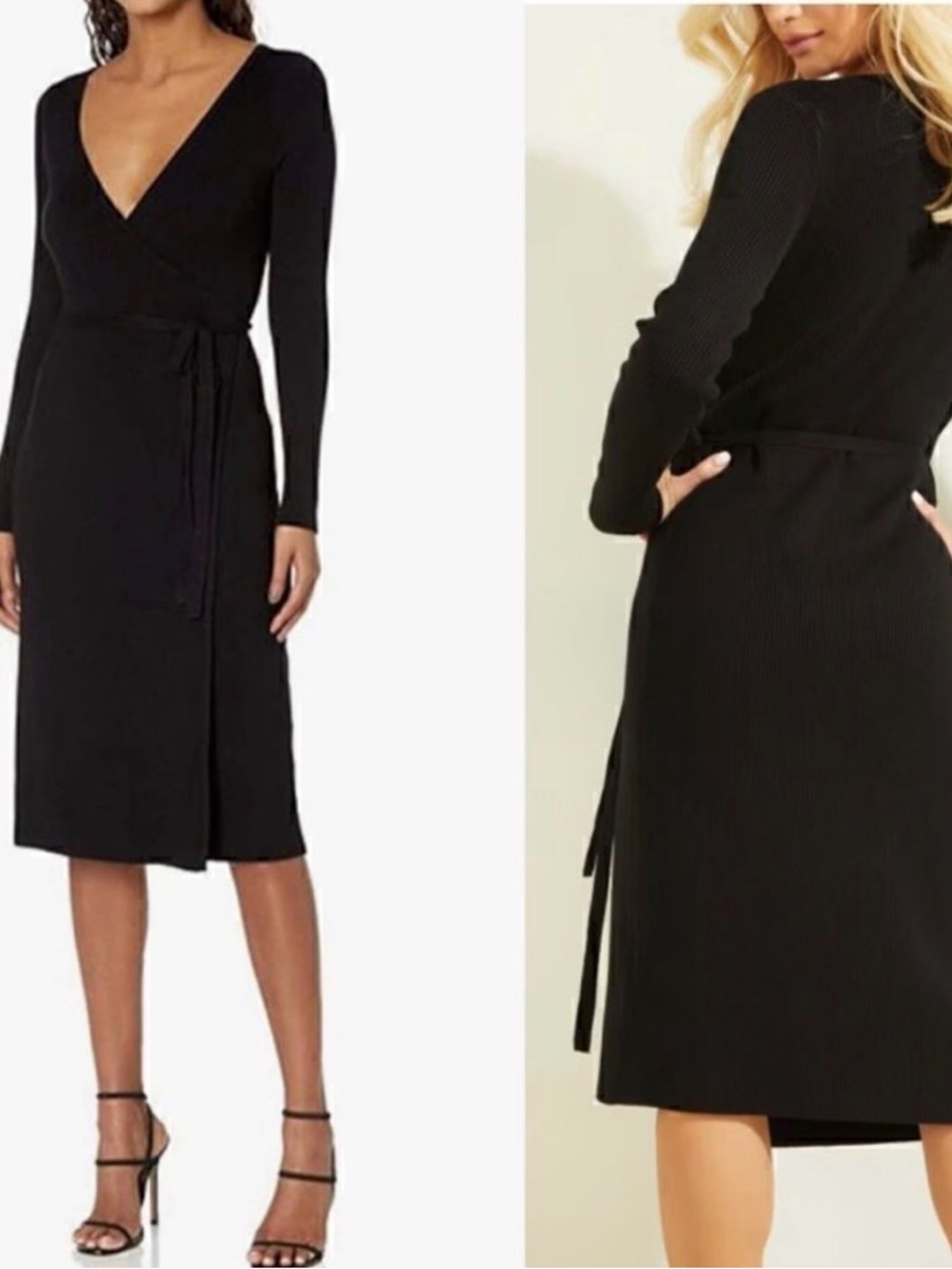 Black Long-Sleeve Wrap Midi Dress